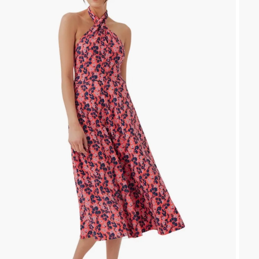 Pact Coral and Navy Floral Halter Midi Dress